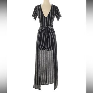 Crystal Doll Elegant Black and White Striped Overlay Hem Romper